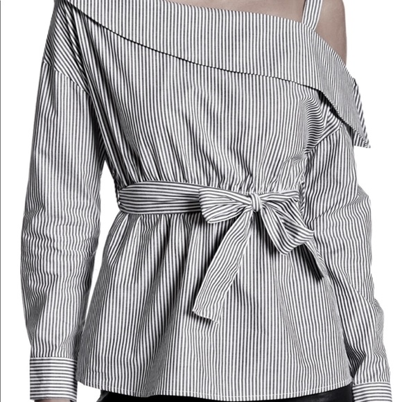 Boutique Tops - Cotton Stripe Off-Shoulder Blouse w tie/belt